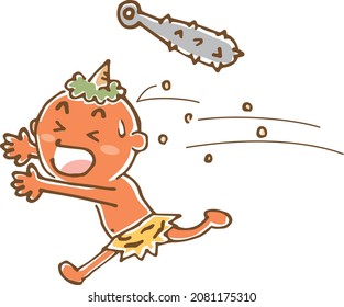 Image illustration of a red demon running away from beans