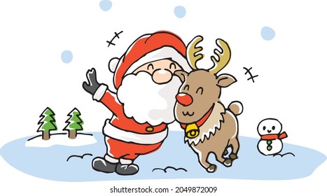 Image illustration of Santa Claus and reindeer playing happily (hand-drawn)
