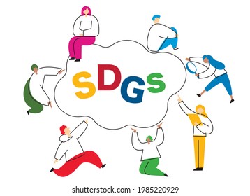 An image illustration of the SDGs: the letters SDGs and many people. Vector illustration on white background.