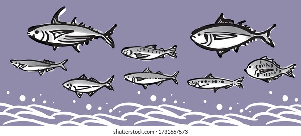 It is an image illustration of the sea of fish and waves