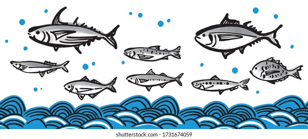It is an image illustration of the sea of fish and waves