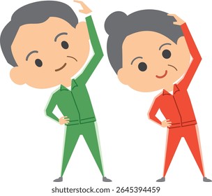 Ilustração de um casal de idosos fazendo exercícios de aquecimento