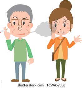 Image illustration of a senior man annoying a cigarette smoke woman