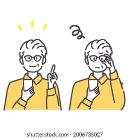 Image illustration of senior man using smartphone. vector.