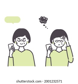 Image illustration of senior woman using smartphone. vector.