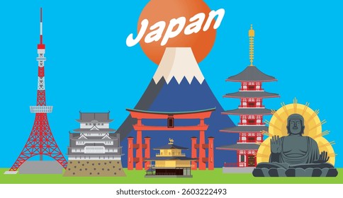 Image illustration set of Japanese tourist destination landmark buildings Mt. Fuji, Himeji Castle, Kinkaku Temple, Itsukushima Shrine.