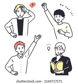 Image illustration set where young men pose positively in various ways.  vector.