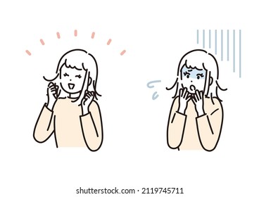 Image illustration set of a woman who is pleased and a surprised. Vector.