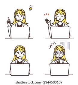 Image illustration set of woman working in call center. vector.
