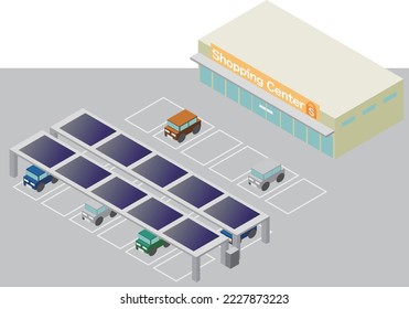 Image illustration of a shopping center where solar panels are installed on the roof of the isometric parking lot