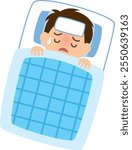 Image illustration of a sick boy sleeping on a futon