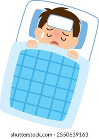 Image illustration of a sick boy sleeping on a futon