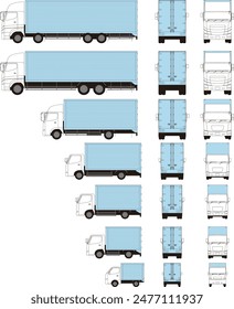 Ilustración de la Imagen del tamaño de los camiones Grandes y Pequeños, delantero, lateral, trasero