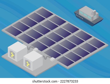 Image illustration of a solar panel floating on isometric water