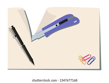 Image illustration of stationery.
Cutter Knife clip art.
Paper and cutter knife vector illustration.