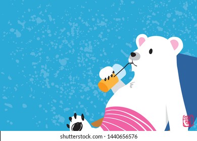 Image illustration of summer vacation for summer greeting, polar bear drinking juice on deck chair (small letters are in Japanese in high summer)