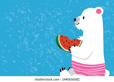 Image illustration of summer vacation for summer greetings, polar bear eating watermelon 