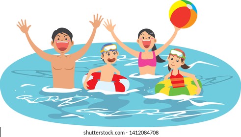 Image illustration swimming in a family of four