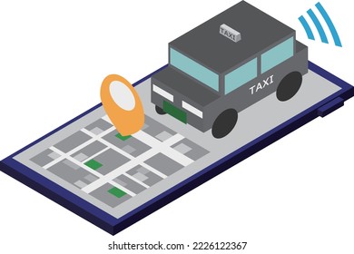 Ilustración de la imagen del despacho de taxis con smartphone isométrico