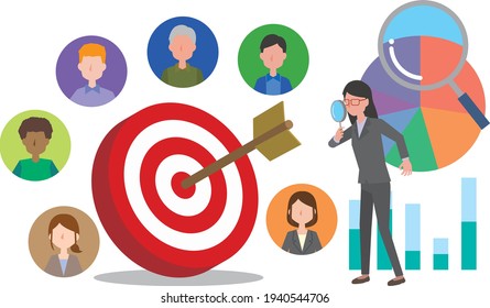 Bild-Illustration, die die Einkaufsgruppe im Marketing analysiert und das Ziel senkt