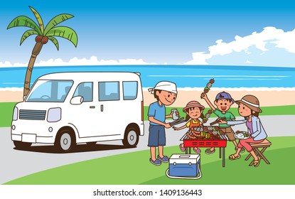 Image illustration that four families are having a barbecue on the beach