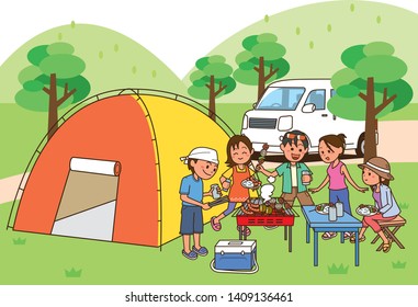 Image illustration that friends are having a barbecue in the mountains