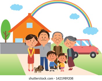 Image illustration of a three generation family entering in front of a house