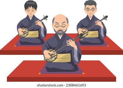 Image illustration of three men sitting and playing Sanshin. (jiutai)