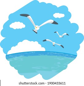 Image illustration of three seagulls flying over the sea