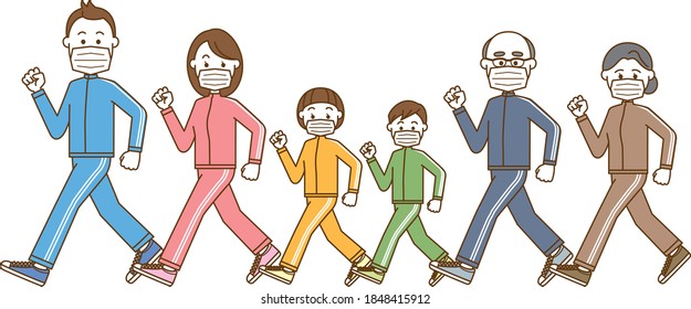 Image Illustration Of A Three-generation Family Walking Wearing A Mask