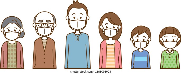 Image illustration of a three-generation family wearing a mask (upper body)