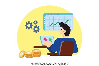 image illustration of a trader working on a his laptop. suitable for business-themed designs