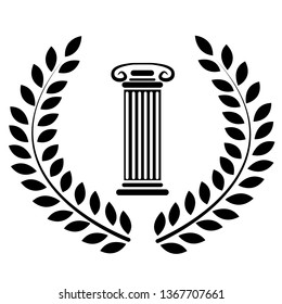 image illustration of two branches of olive around the column,conditional simple flat silhouette,the logo of the objects of black color isolated on white background