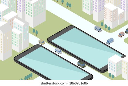 Image illustration of using a smartphone instead of an office, isometric