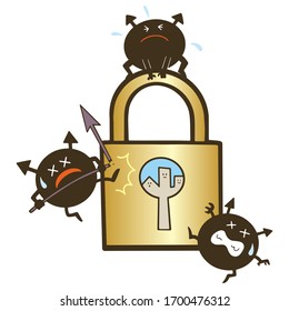 Image illustration of a virus trying to unlock. Vector illustration on white background.