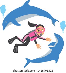 Image illustration of a woman doing scuba diving and a dolphin