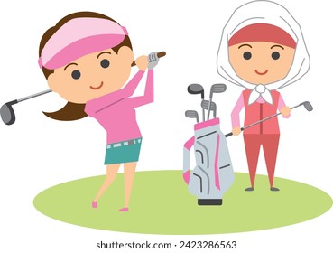 Image illustration of a woman playing golf and a caddy