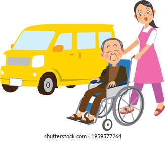 Image illustration of a woman pushing a wheelchair and a car (nursing care)