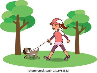 Image illustration of a woman taking a walk with a dog