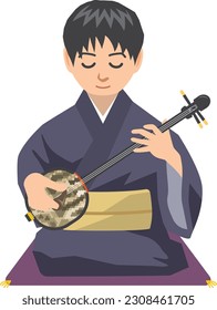 Image illustration of a young man sitting and playing sanshin. (jiutai)