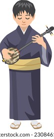 Image illustration of a young man standing and playing the sanshin. (jiutai)