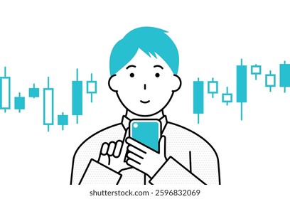 Image illustration of a young man trading stocks on a smartphone