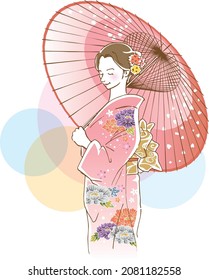 Image illustration of a young woman wearing furisode holding a Japanese umbrella