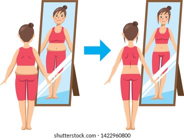 Image illustration of a young woman who reflects the whole body in a mirror. (Before after) svg