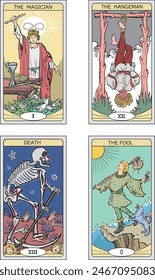 Image illustrations of four types of tarot cards.
Contents include "The Magician," "The Hanged Man," "The Grim Reaper," and "The Fool."