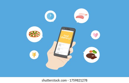 Image illustrations that plague many types of food that can be delivered.
Japanese food, Western food, price and time.