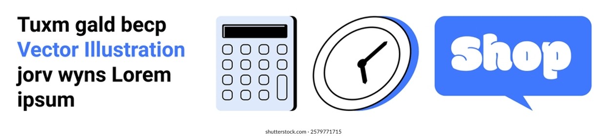 Image includes a calculator, a clock, and a speech bubble with the word Shop. Text elements are also visible. Ideal for business, e-commerce, time management, financial planning, and marketing