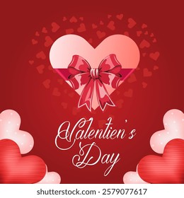 The image includes a large heart with a red bow symbolizing a gift and scattered red and pink hearts The text Valentine's Day is prominently displayed in a festive font