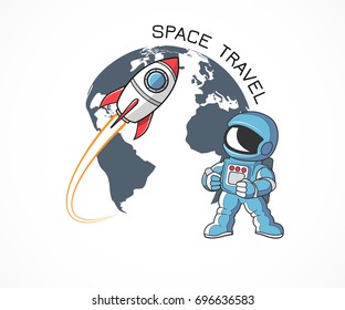 Image including astronaut cartoon figure and rocket launch. Including earth globe , text.