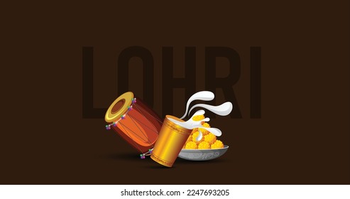 Image for Indian festival LOHRI with illustration of dhol, laddoo and lassi glass.